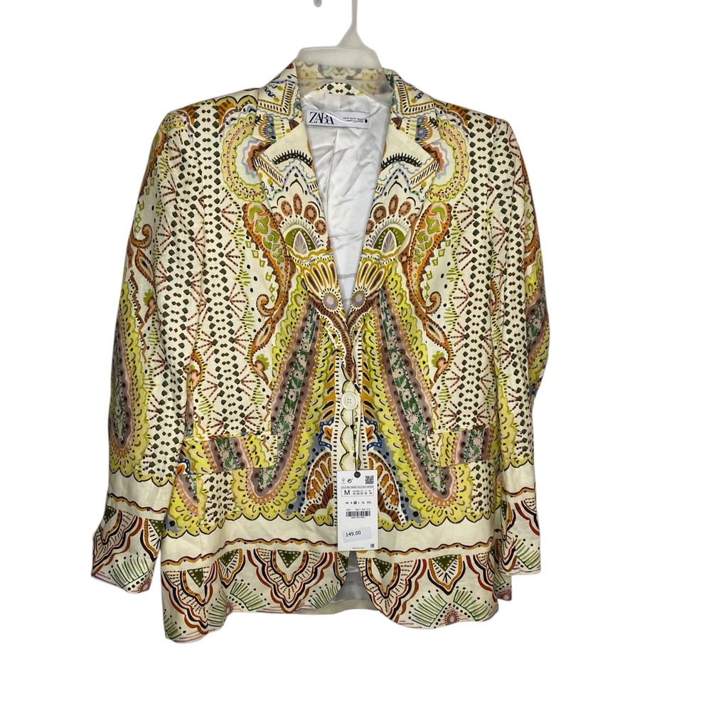 Zara Womens Linen Cotton Paisley Print Blazer Tan Green Coral sz Medium NWT New